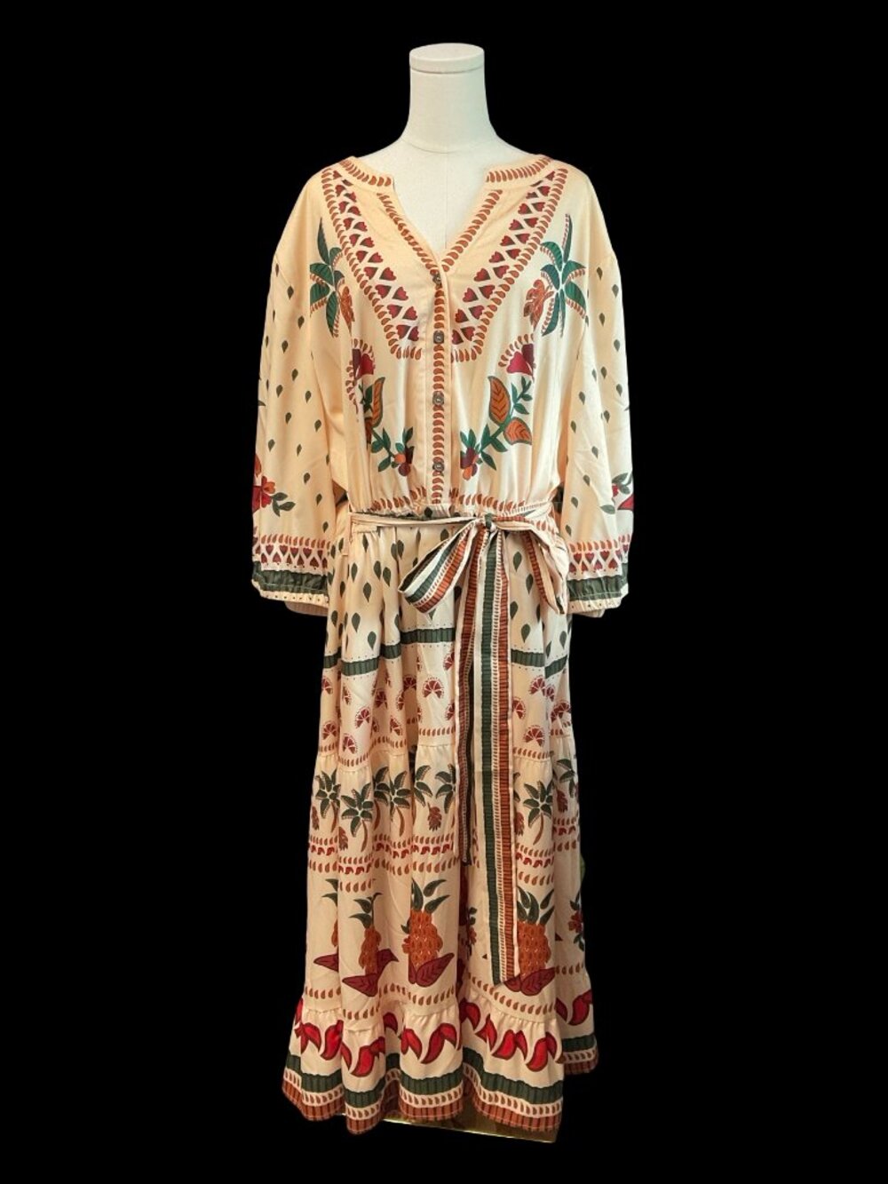 Cream Tropical Print Midi Dress